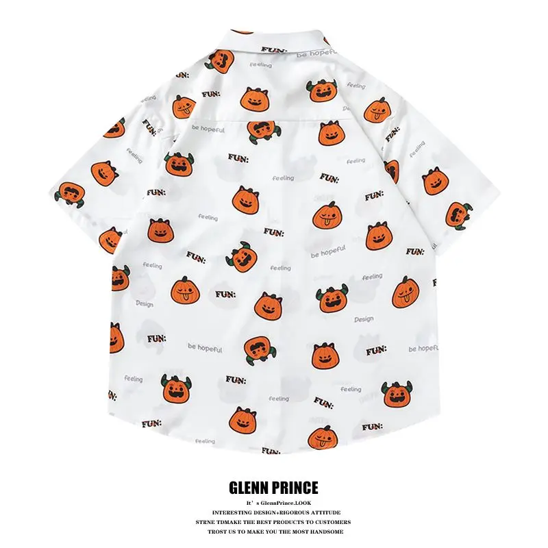 BEIANJI new American retro funny pumpkin full print short-sleeved flower shirt men's summer vacation casual half-sleeved shirt
