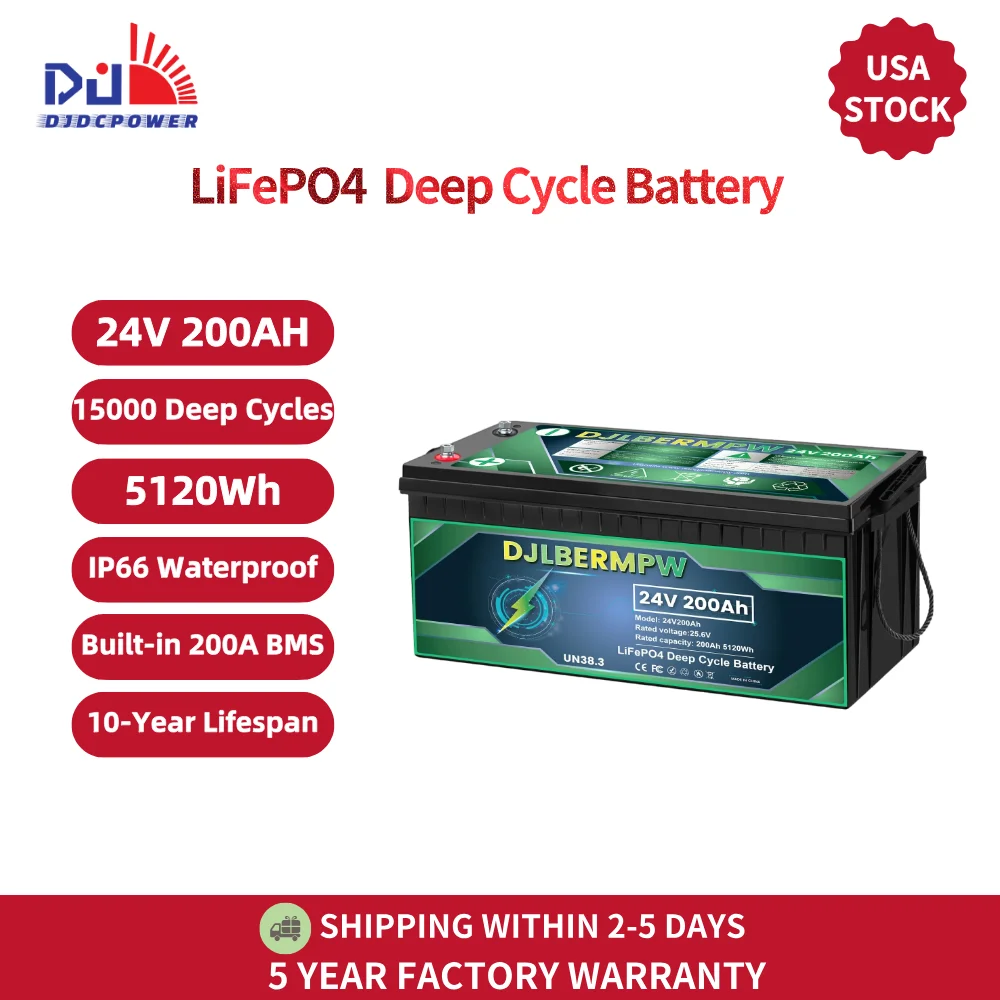 

DJDC 24V 200Ah LiFePO4 Battery 15000 Deep Cycle Battery 24V Built-in 200A BMS 5120W Li Iron Phosphate Batteries for Solar Home