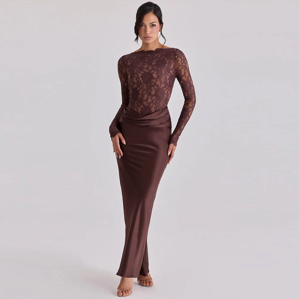 

Customized Crew Neck Long Sleeves Evening Dress Fashion Mermaid Lace Cocktail Dress High Quality Ankle Length Celebrity Gowns