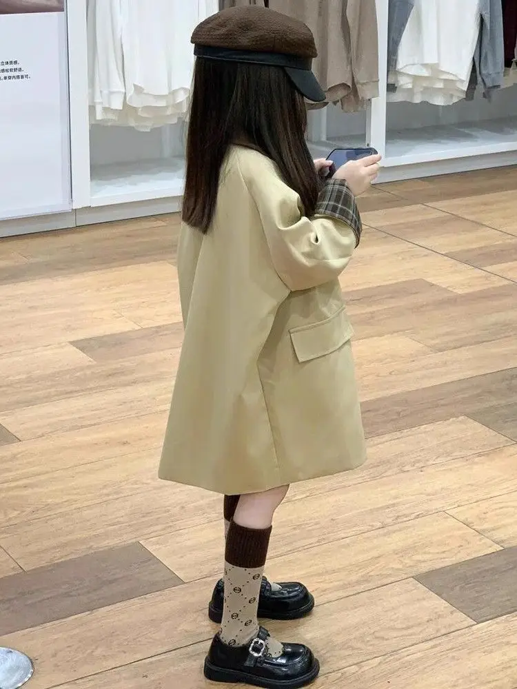 Spring Autumn Girls Trench Coat New Korean Version Design Children's Flip Collar Casual Medium length Windbreaker