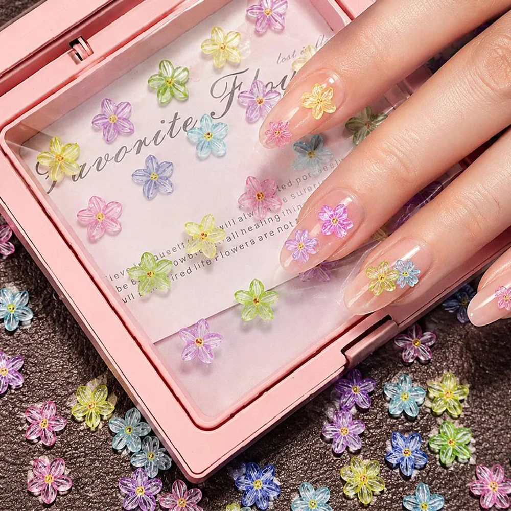 50Pcs Colorful Transparent 3D Five Petal Flower Nail Charms Resin Floral Nail Decor DIY Manicure Gel Nail Art Accessories
