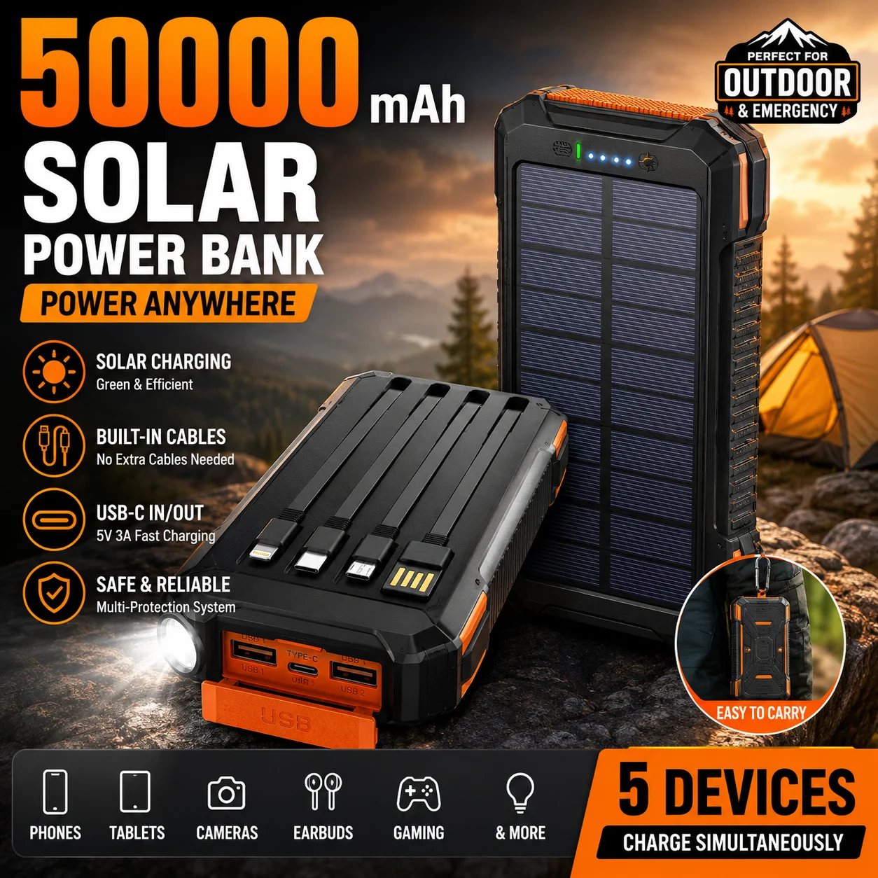50000mAh Solar Power Bank with Built-in Cables USB-C Fast Charging Portable Battery Charger for Phone Camping Outdoor Emergency