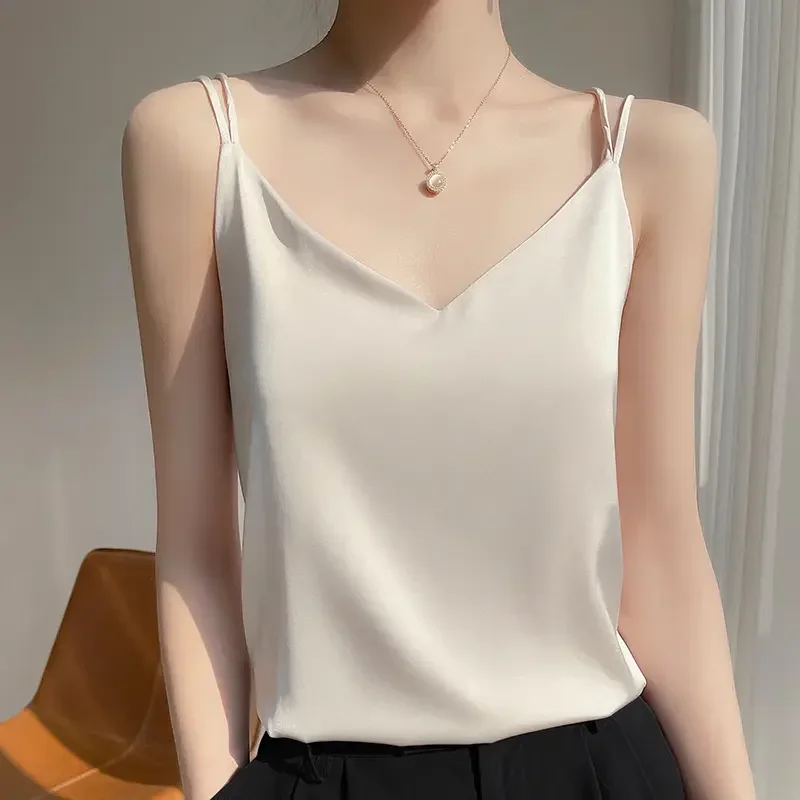 

2026 Spaghetti Strap Top Women Halter V Neck Basic White Cami Sleeveless Satin Silk Tank Tops Women's