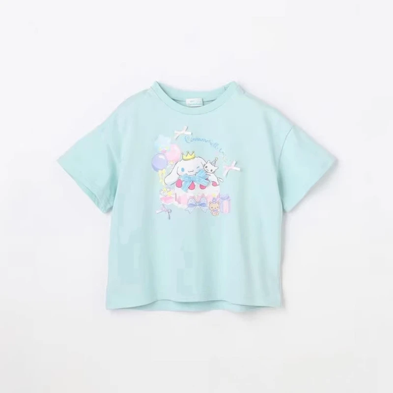 夏のサンリオ-シナモロール-半袖tシャツ-キッズ用、キュートで通気性のあるコットン素材のカジュアルで多用途な子供服コレクション