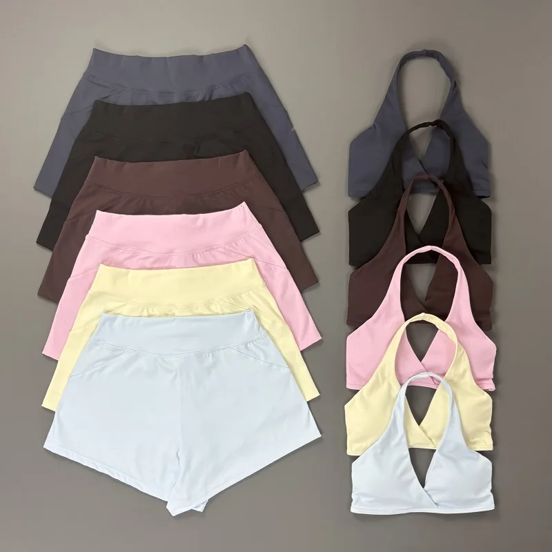2 Piece Origin Training Shorts Set Women Yoga Halter Bra Gym Running Shorts Quick Dry Breathable Pilates Yoga Fitness Suit