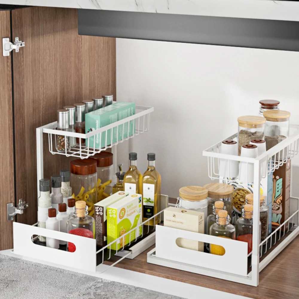 2 Tier Sliding Drawer Home Kitchen Under Sink Storage Organizer Shelf Multifunctional Bathroom Storage Racks Home Accessories