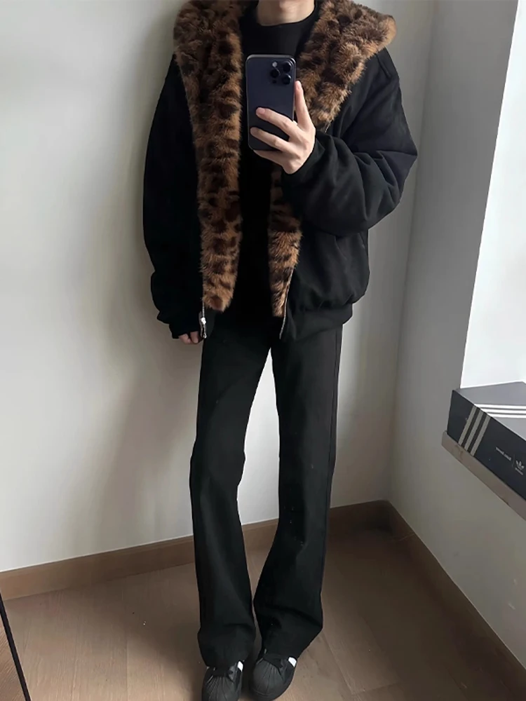 

Retro American Leopard Print Fur Collar Hooded Cotton Jaet Men's Winter Thi Warm Loose ort Sle Mountain Eagle Coat