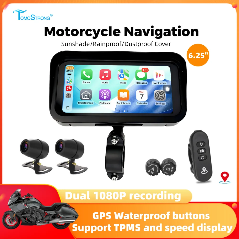 

2026 Новый портативный 6,25-дюймовый IP67 водонепроницаемый мотоциклетный GPS-навигатор Moto Carplay Android Auto Moto Monitor двойной запись 1080P