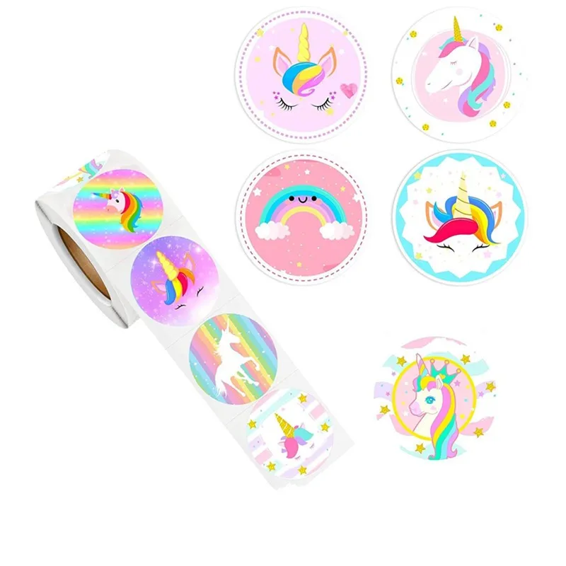 50-500pcs 1inch Round Cartoon Unicorn stickers for kids Teacher Reward Encourage Sticker Office Seal label Animal Toys Label