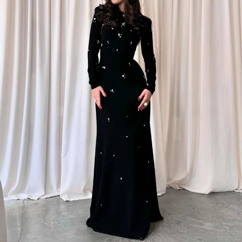 

Customized Mermaid Black Jersey Sparkly Crystal Evening Dress with Long Sleeves Crew Neck Sweep Train Saudi Arabia Party Dresses