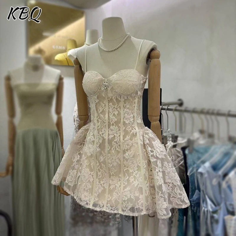 

KBQ Solid Lace Elegant Backless Chic Dresses for Women Square Collar Sleeveless High Waist Temperament Dresss Female Fashion New