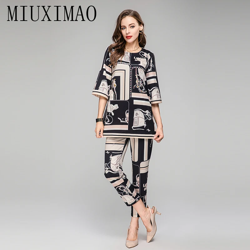 

MIUXIMAO 2023 Fall Luxury Diamond Sicily Elegant Set Black Horse Prints Top+ Slim Pant Fashion Two-piece Set Women Vestides