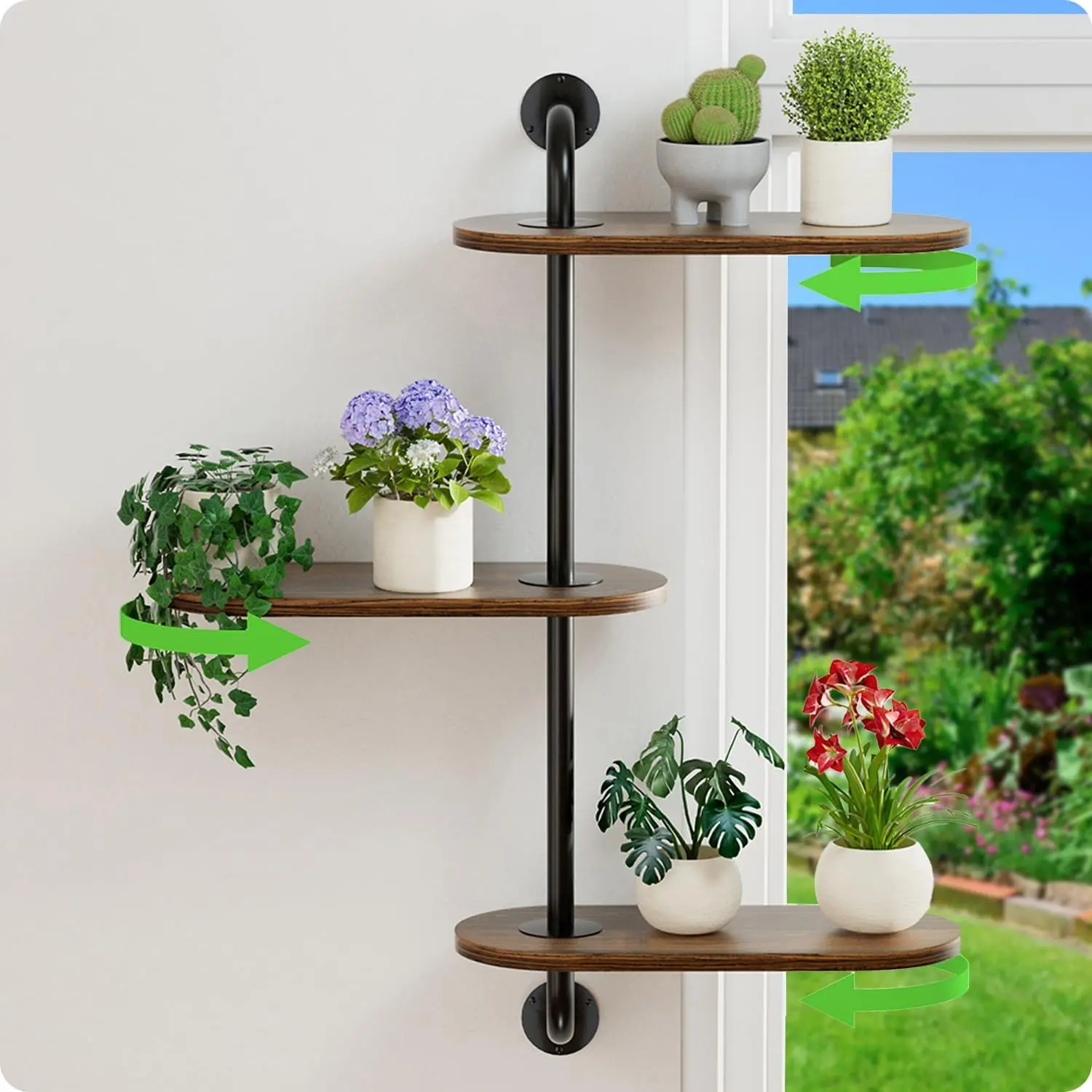 

Rotating Window Plant Shelves 3-Tier Wooden Space-Saving Corner Stand for Multiple Indoor Plants Home Decor