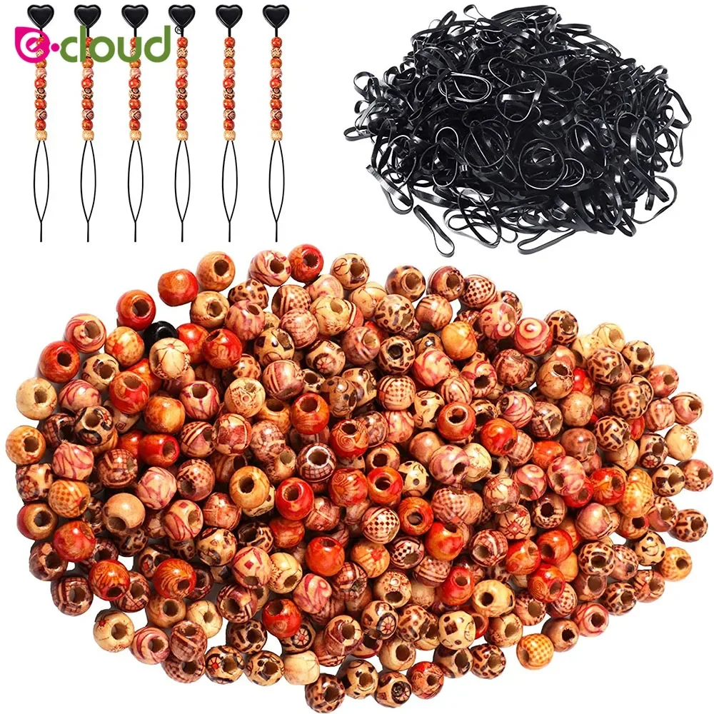 100Pcs 12mm Pattern Colors Wooden Dreadlock Hair Beads Send 100pcs Rubber Band 1pcs Tools with 5mm Hole for Loc Jewelry