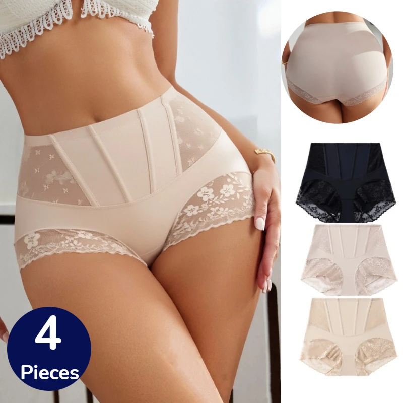 TrowBridge 4PCS Women's Shaper Panties High-Waist Lace Sexy Lingerie Abdominal Tightener Female Briefs Fishbone Waist Slimming