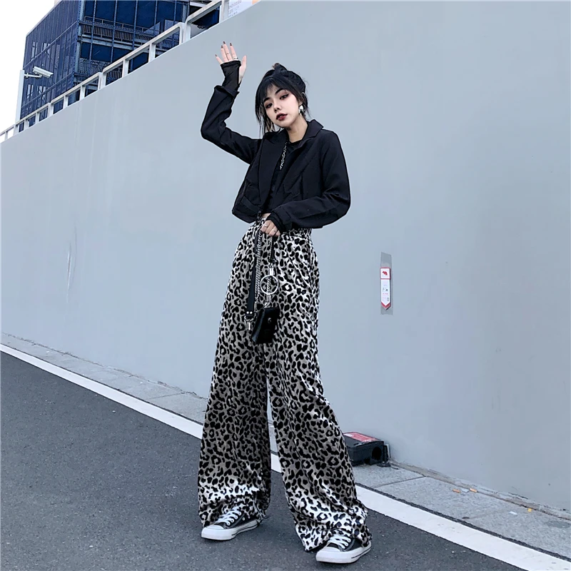 Golden Velvet Leopard Print Pants Women Autumn Winter New High Waist Elastic Baggy Trouser Korean Vintage Straight Wide Leg Pant