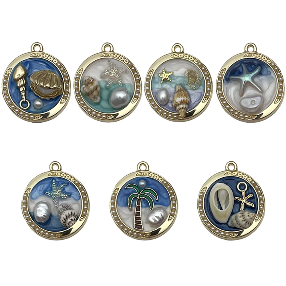 5/7pcs 28x25mm Alloy Charms Blue Oil Painting Style Ocean Series Pendants For DIY Necklace Phone Chain Earring Making Supplies