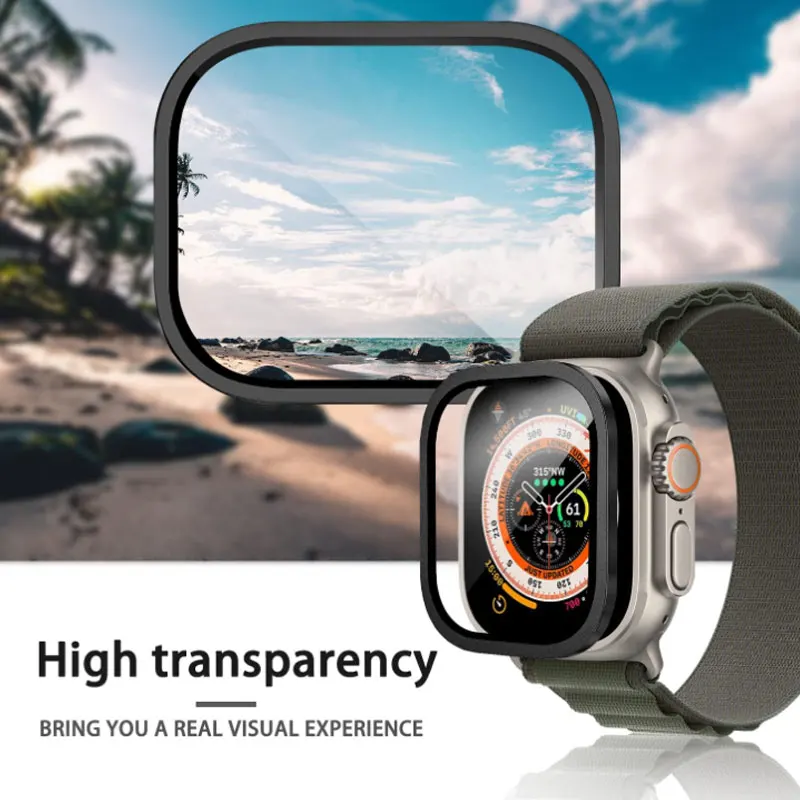 Impermeável vidro temperado protetor de tela, protetor Bumper iWatch, película transparente, capa de metal, 49mm, 49mm