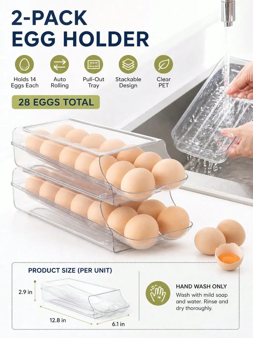 2-Pack Clear Automatic Rolling Egg Holder, Stackable Fridge Drawer Organizer, 28 Eggs Total, Small Kitchen Space Saver