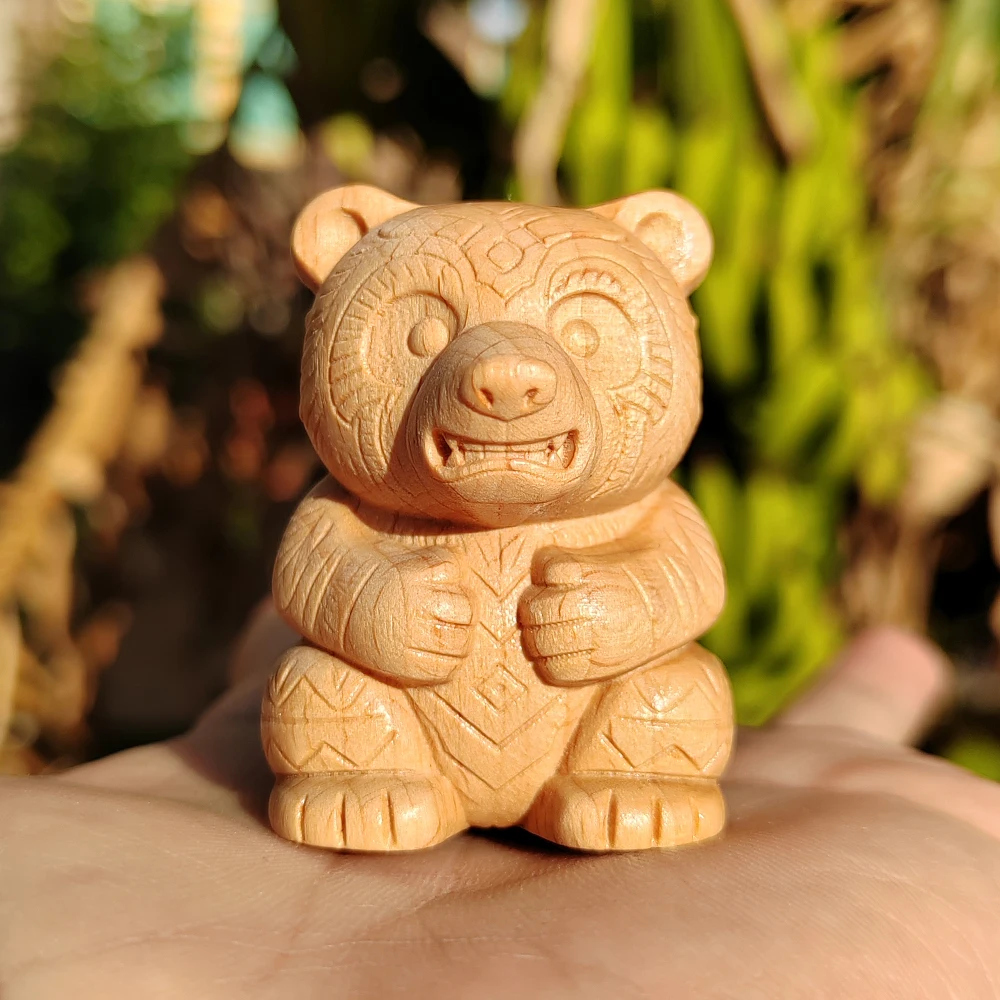 1.8 Inch Hand-Carved Wooden Bear Totem Ornament Cartoon Style, Folk Style Suitable for Holiday Decorations, Party Decorations, Indoor Decorations, Fireplace, Back-To-School Season Gifts, Birthday Gifts, Study Room