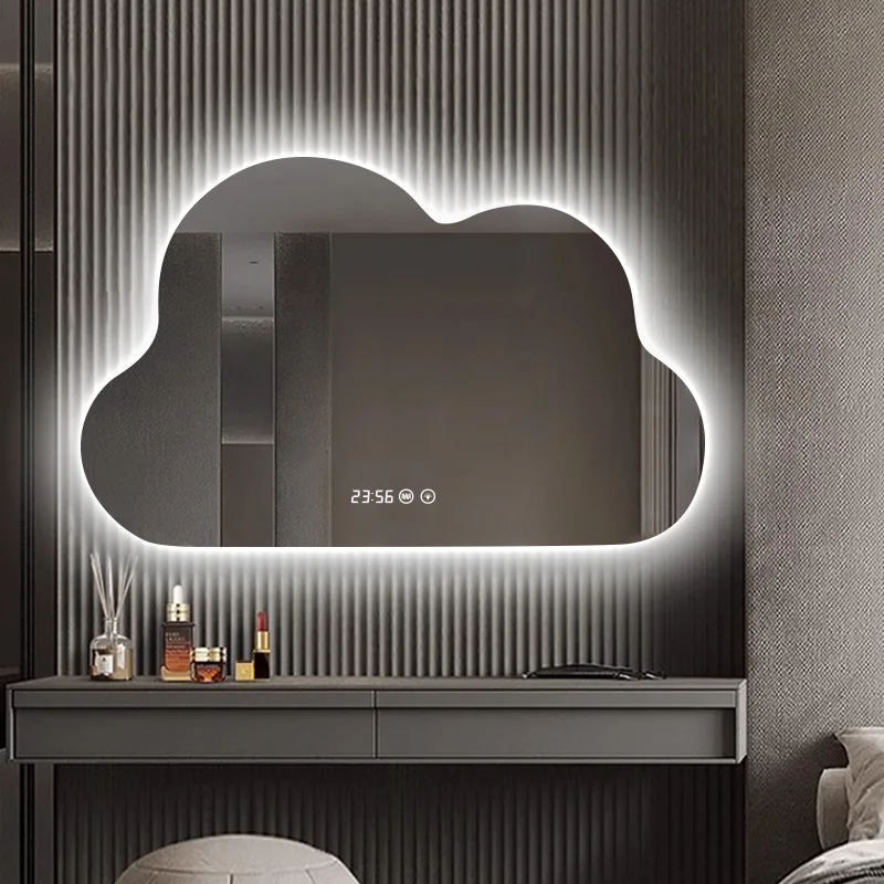 Miroir de maquillage écran tactile mural LED de forme spéciale avec fonction de désembuage de miroir LED lumineuse