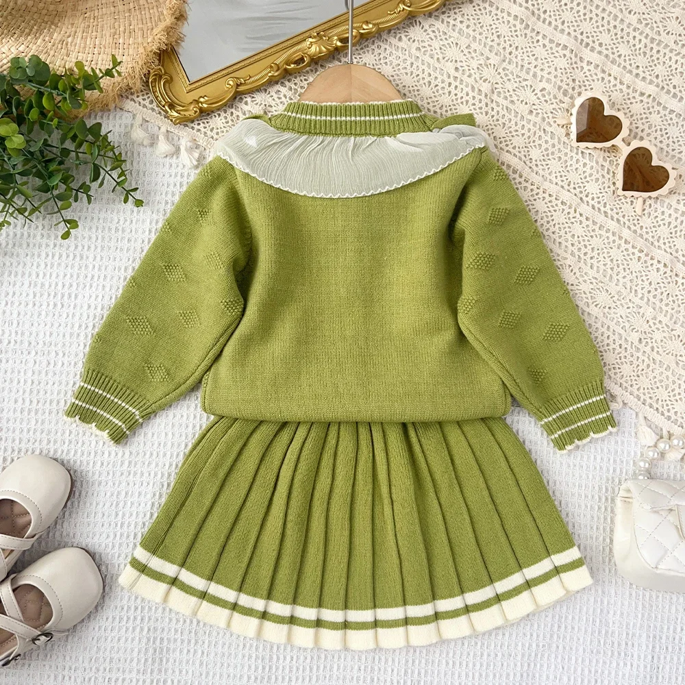 Rosa Süße und Niedliche Prinzessinnenkleidung Herbst/Winter Gestrickter Pullover Mädchenkleidung Langarm-Spitzen-Oberteil + Kurzer Rock – Detail 9