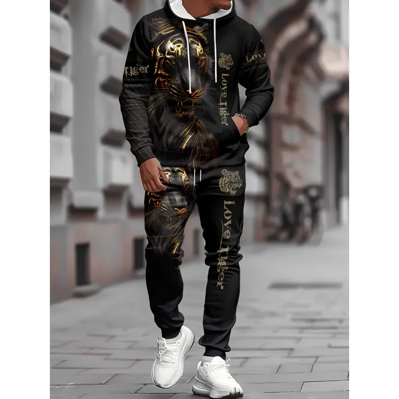 2026 Casual Sweater Sweatpants 2 Piece Set Trendy Lion Print Drawstring Outdoor Sportswear Tracksuit Women Men Fashion view 4