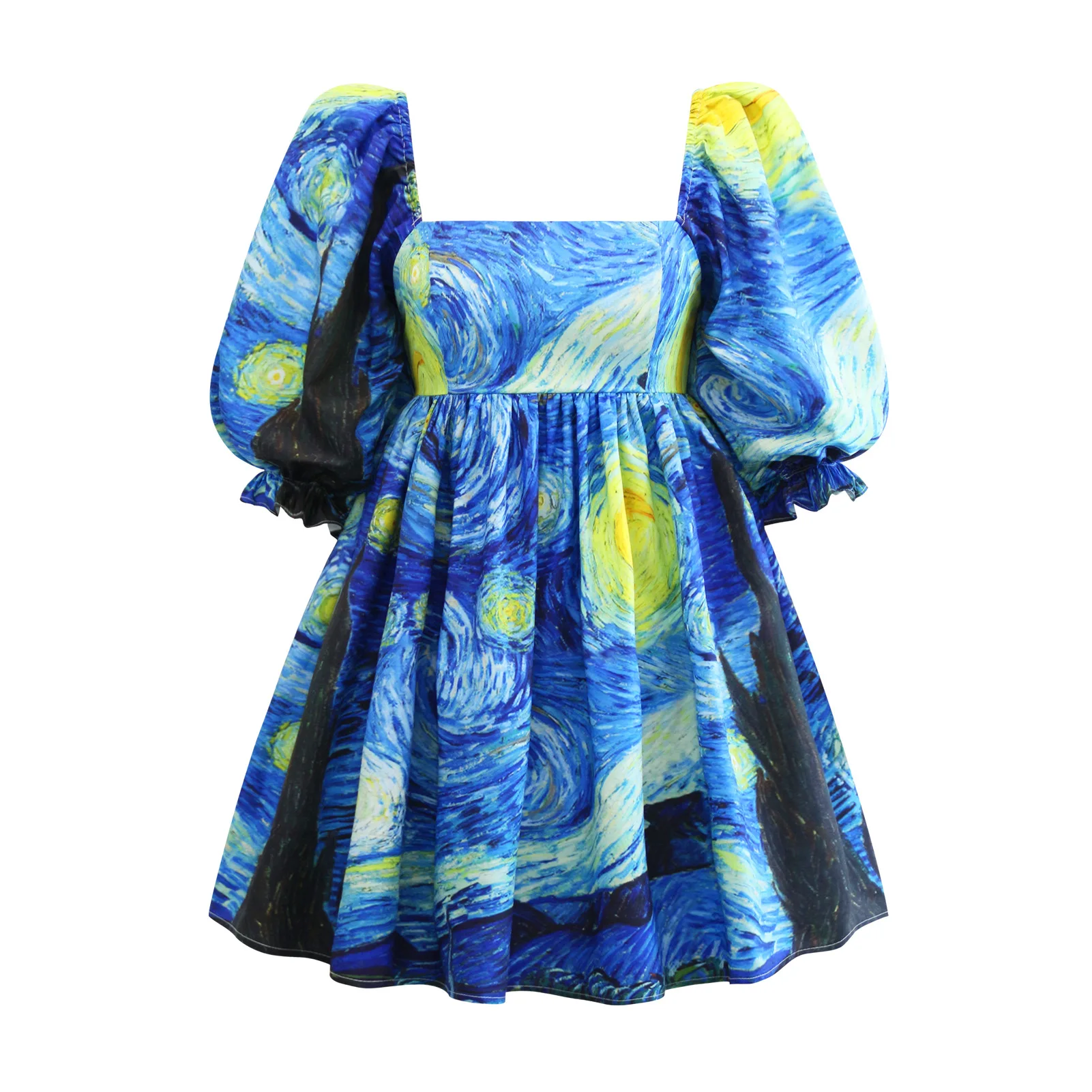 Lantern Bubble Sleeve Painting Dress Blue Square Neck Vintage Dresses Starry Night Van Gogh Women Baroque Aesthetic Clothing