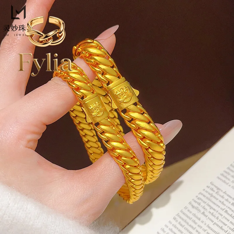 

Fylia Jewelry Fylia Jewelry Ancient gold 9999 24K real gold lion awakening three horsewhip bracelet wide frosted boss Cuban c