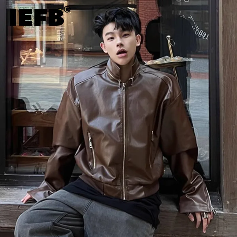 IEFB High Street Men's Jackets Pu Leather Turn-down Collar Zipper Patchwork Solid Color Short Male Short Coats Streetwear 9C7699