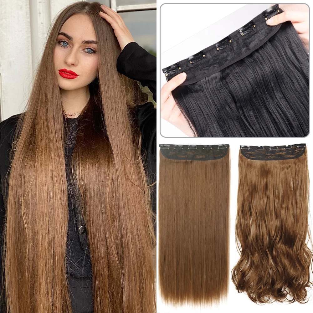 Synthetic Long Straight Hairstyle 5 Clip In Hair Extensions 32Inch One Piece Hairpiece Brown Blonde Black Fake Hair For Women