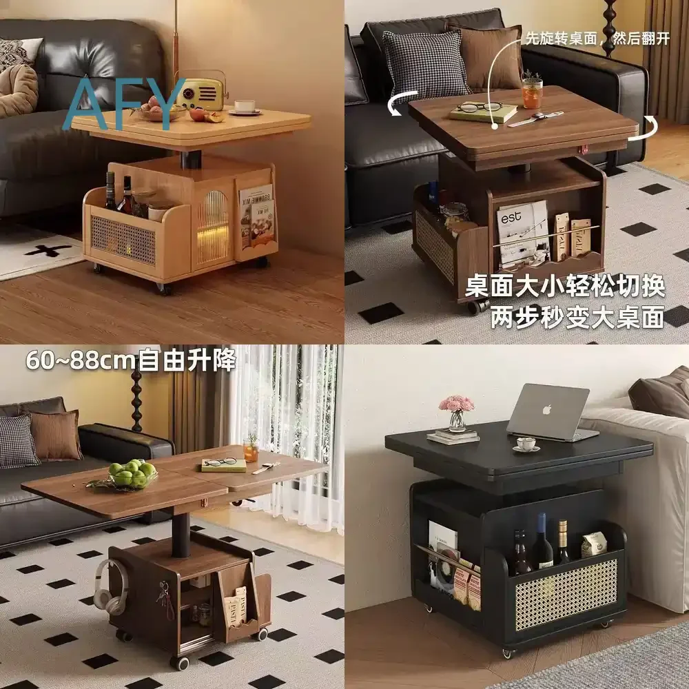 Solid Wood Tea Table for Small Living Room Sofa Side Table Folding Movable Tea Trolley Adjustable Height Tea Cart for Home