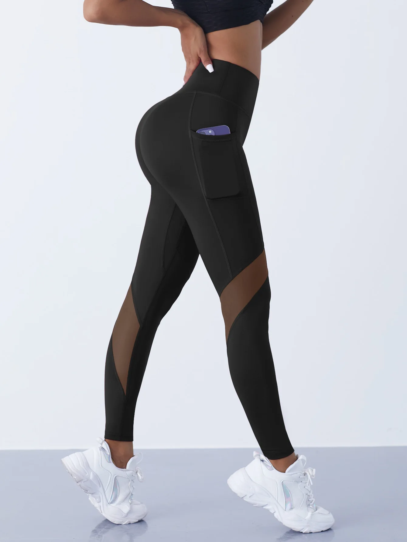 Mesh Splicing Yoga Leggings Women's High Waist Hip Lifting Slim Elastic Pocket Outdoor Training Tights