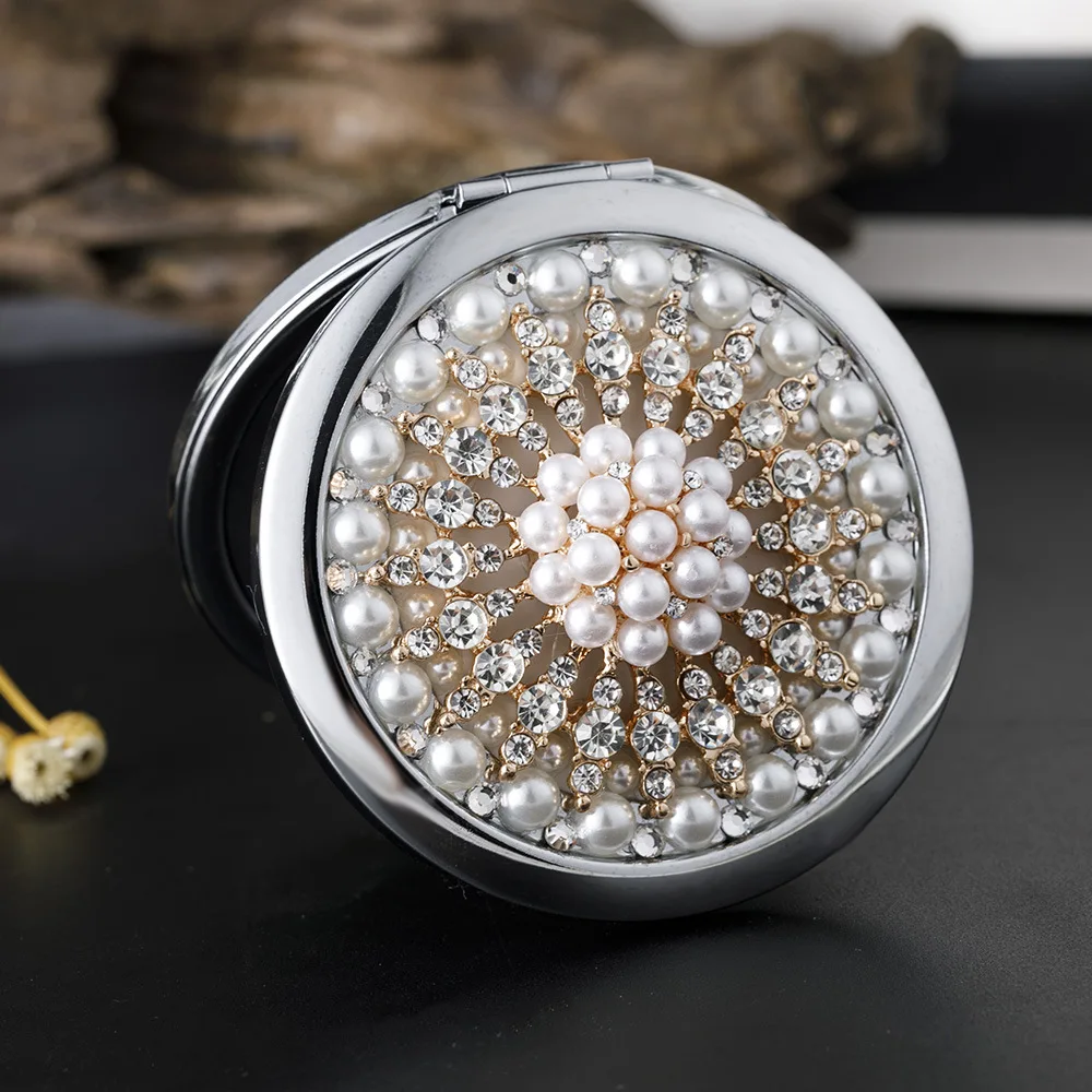 

Metal Round Small Compact Makeup Can Be Customized Logo Exquisite Pearl Flower Double-sided Handheld Portable Makeup Mirror