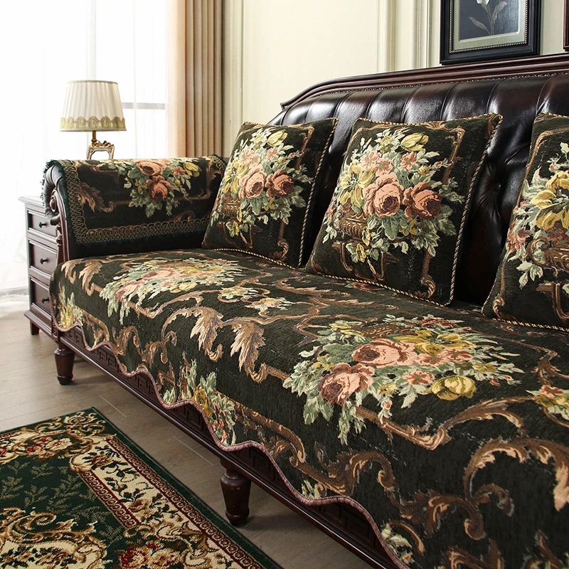 Classical Floral Sofa Cover Retro Anti-slip Armchairs Seat Cushion Living Room Decorative Luxury Jacquard Embroidery Couch Cover