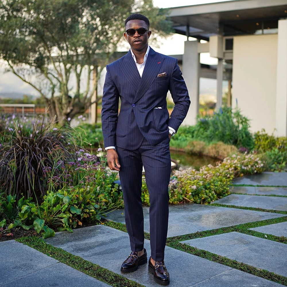 Navy Blue Pinstripe Men Suits Peaked Lapel Single Breasted Wedding Guest Suit Office Business Blazer Jacket+Pants Customized