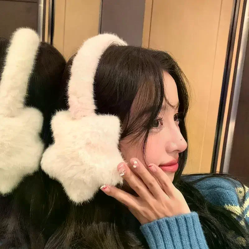 

Милые ветрозащитные наушники со звездами, плюшевые пушистые уличные зимние теплые наушники, милые велосипедные наушники, аксессуары