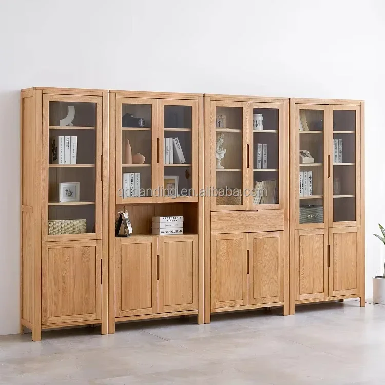 

A4173 Nordic Simple Modern Solid Oak Wood Glass Doors Bookcase Bookshelf