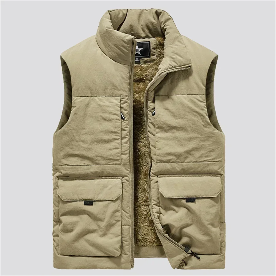 Winter Men's Cargo Vest Thick Fleece Warm Sleeveless Jacket Solid Color Tactical Vests Windproof Coat Men Work Waistcoat 6XL