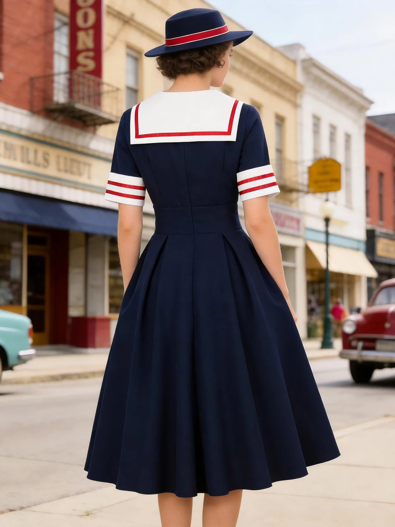 Tonval Sailor Collar Contrast Tape High Waist Vintage Dresses for Women 2026 Summer Elegant Pleated Midi Swing Dress