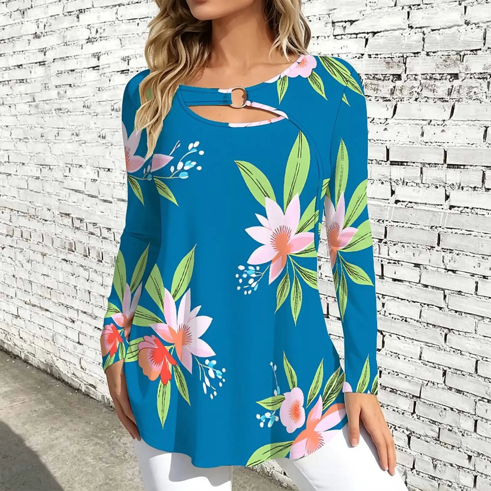 Keyhole Ring Neck Long Sleeve Flared Hem Printed Top for Women