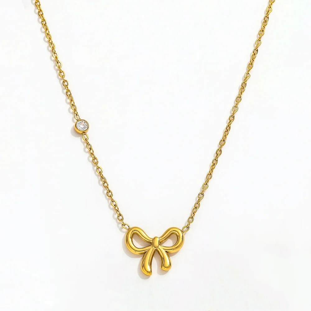 

JOOLIM Jewelry High End Pvd Wholesale Waterproof&No Fade Fashion Vintage Bow Zirconia Pendant Stainless Steel Necklace For Women