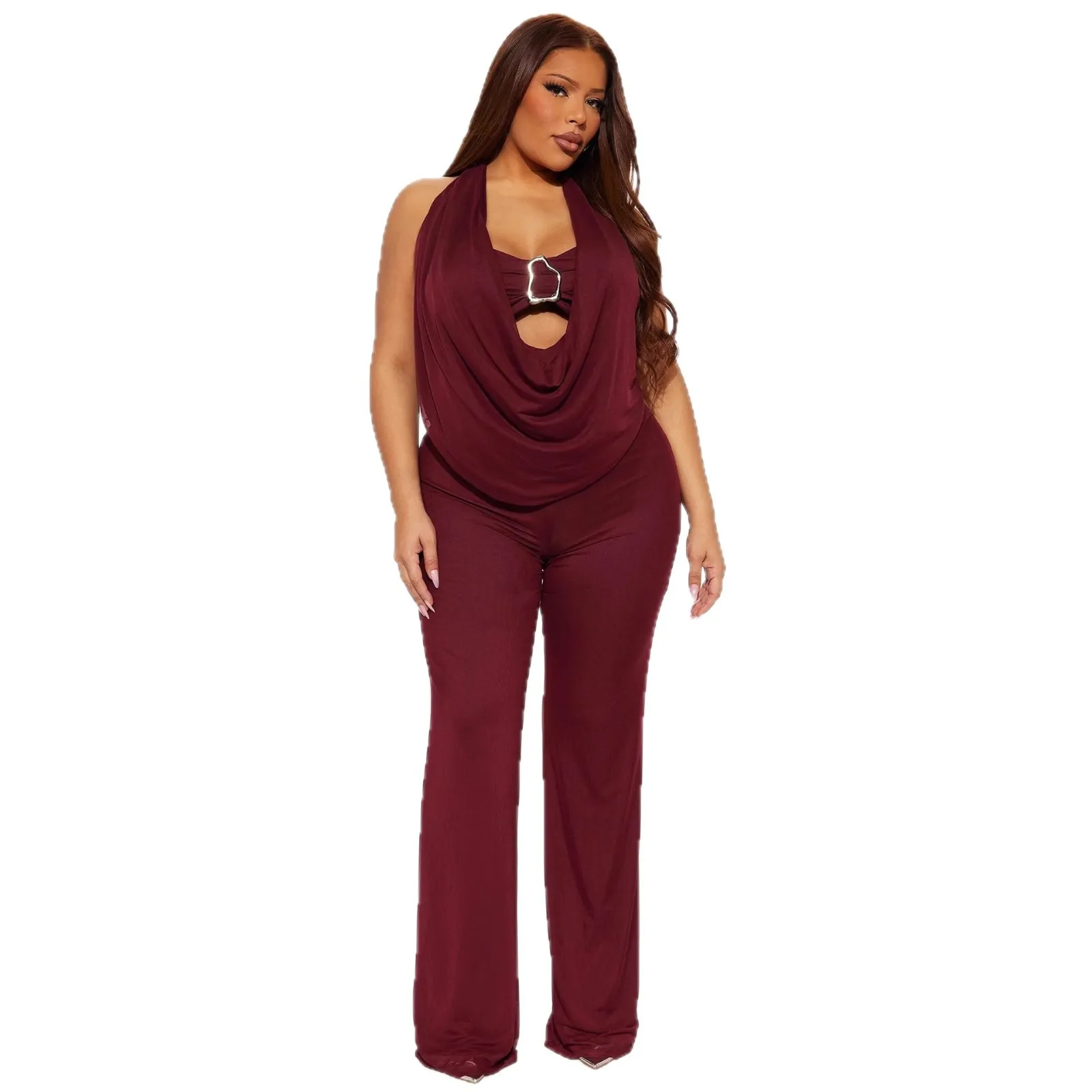 Nueva moda transfronteriza europea y americana temperamento delgado Sexy Color sólido diseño de Metal cuello mono con escote en V profundo