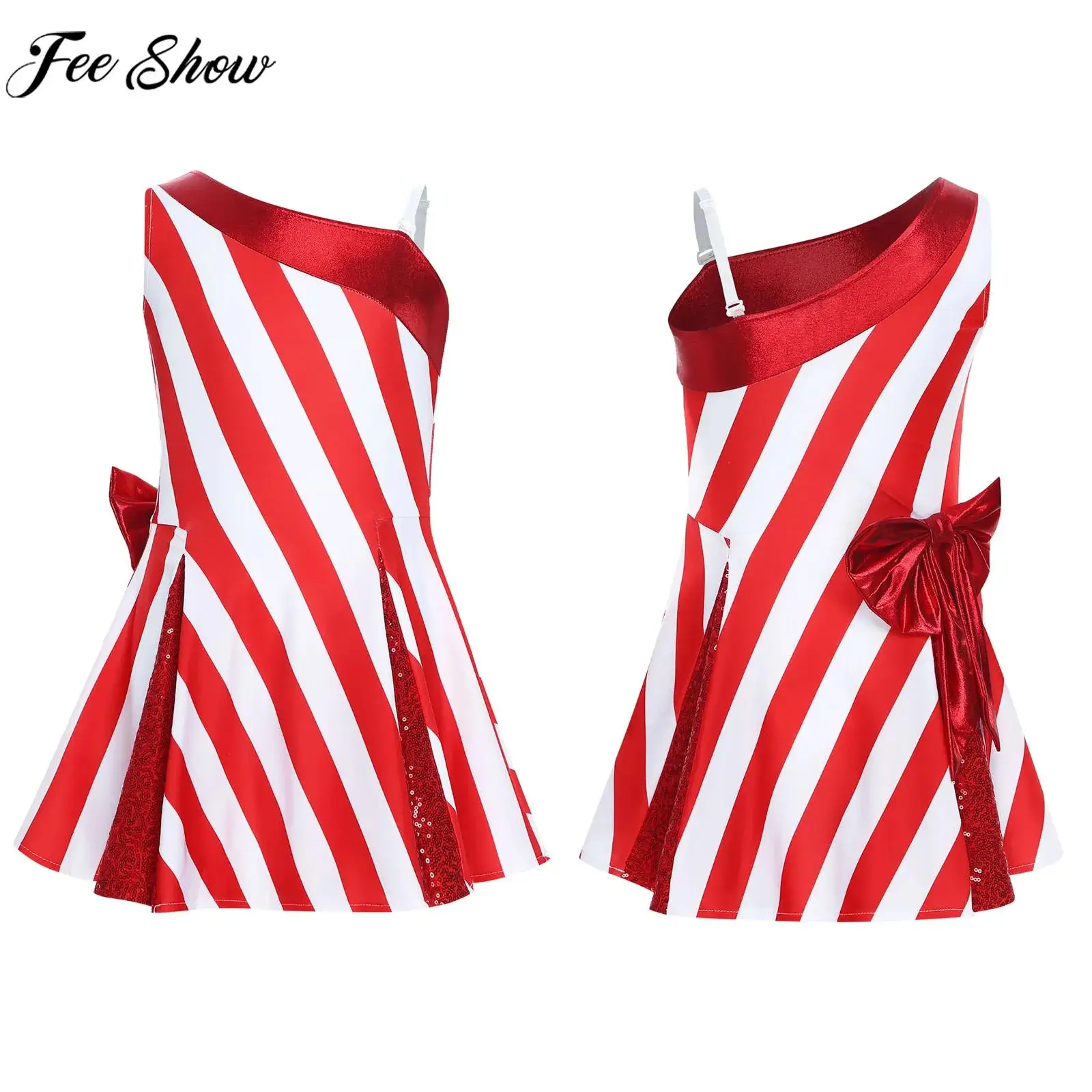 Children Girls Christmas Candy Cane Striped Costume One Shoulder Metallic Bow Sequins Dress for Xmas New Year Cosplay Party
