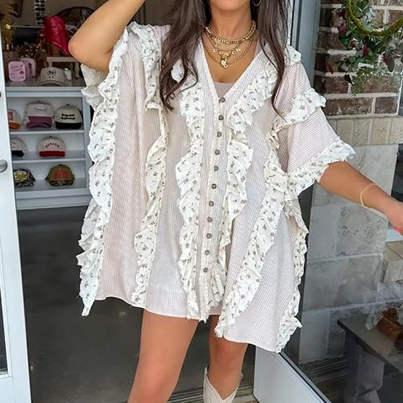 Printemps Patchwork imprimé à volants robe ample femme élégante col en V simple boutonnage chemise robe nouvel été à manches courtes robe de vacances