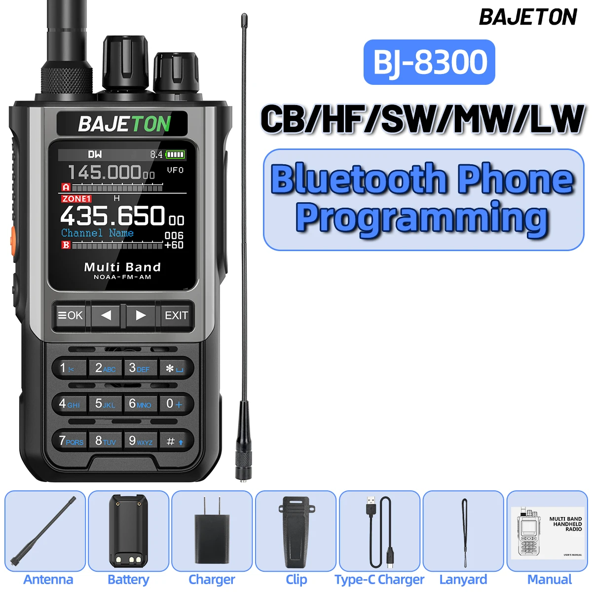 BAJETON BJ-8300 Walkie Talkie 10W Tri Power SW MW LW AM SSB CB Ontvangen Draadloze Bluetooth Telefoon Programmering NOAA twee Manier Radio