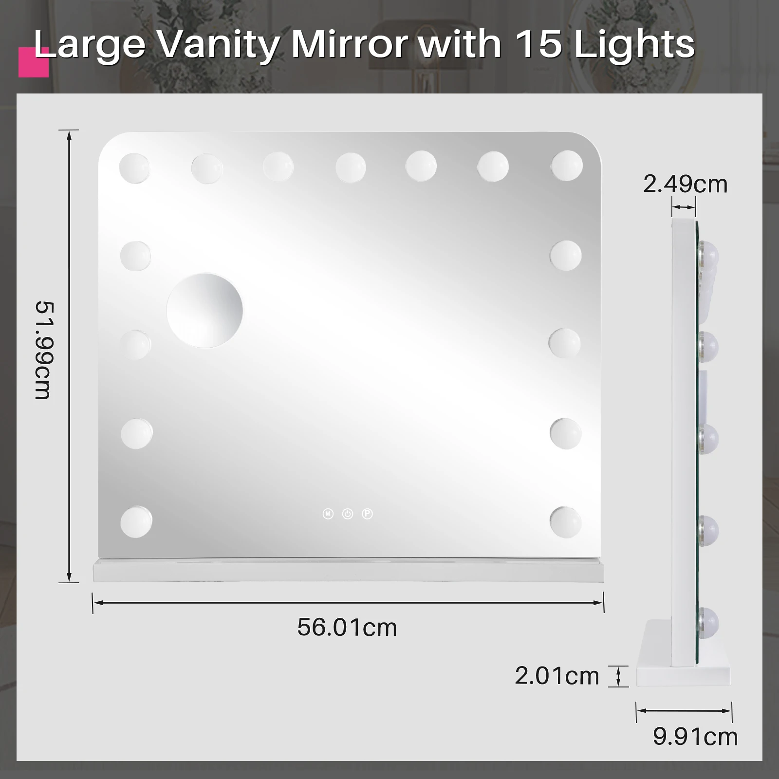 

Mirror w/ Lights, Tabletop Makeup Mirror w/ 10X Magnification 20 Dimmable LED Bulbs 3 Colors Modes & USB Charger