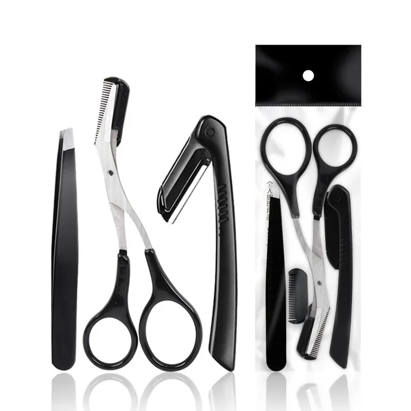 3pcs Foldable Stainless Steel Eyebrow Trimmer Kit Eyebrow Scissors Comb Eye Brow Shaper Face Razor Hair Remover Makeup Tools