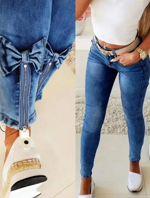 Women's bow zipper slit tight jeans with personalized design, slim fit straight leg jeans