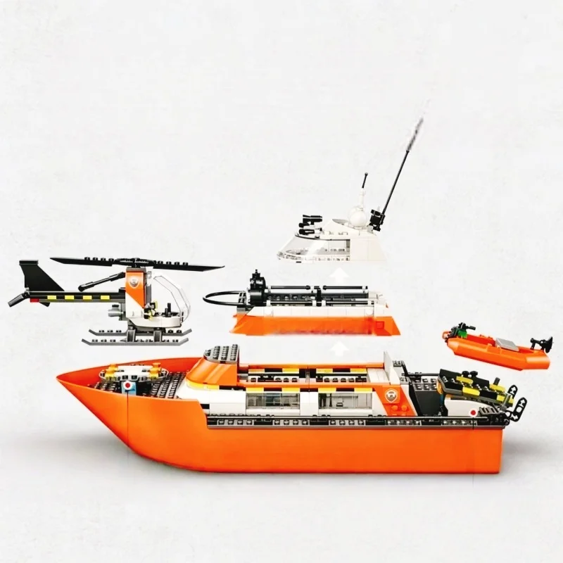 742PCS Rescue Boat Helicopter DIY Buildable Bricks Model Bricks City Assembly Toys Christmas Birthday Gifts